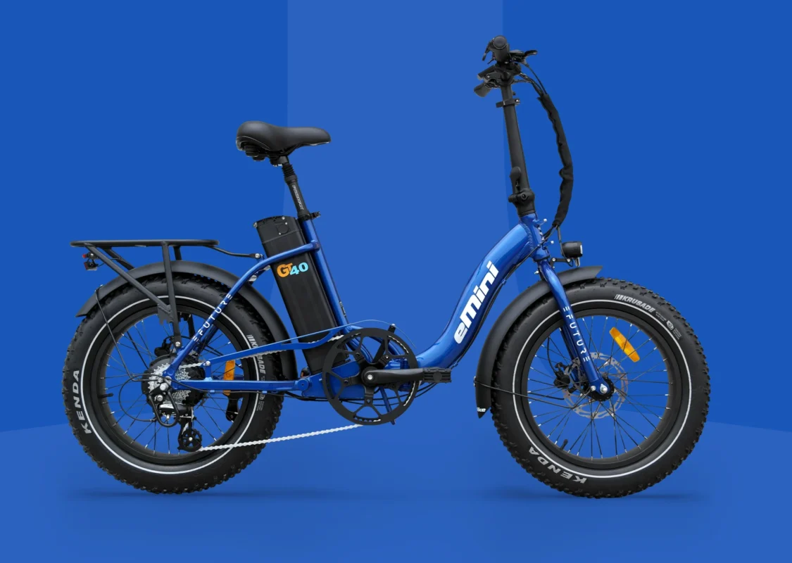 Blå EFUTURE eMini Low GT40 Fatbike elcykel med lav indstigning